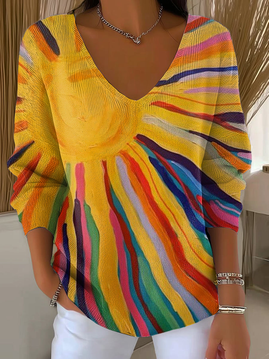 Women's Beautiful Multicolor Abstract Sun Painting Art Print Casual Pullover Sweater