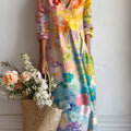 Women's Vintage Floral Art Print Causal Cotton Linen Pocket Dress