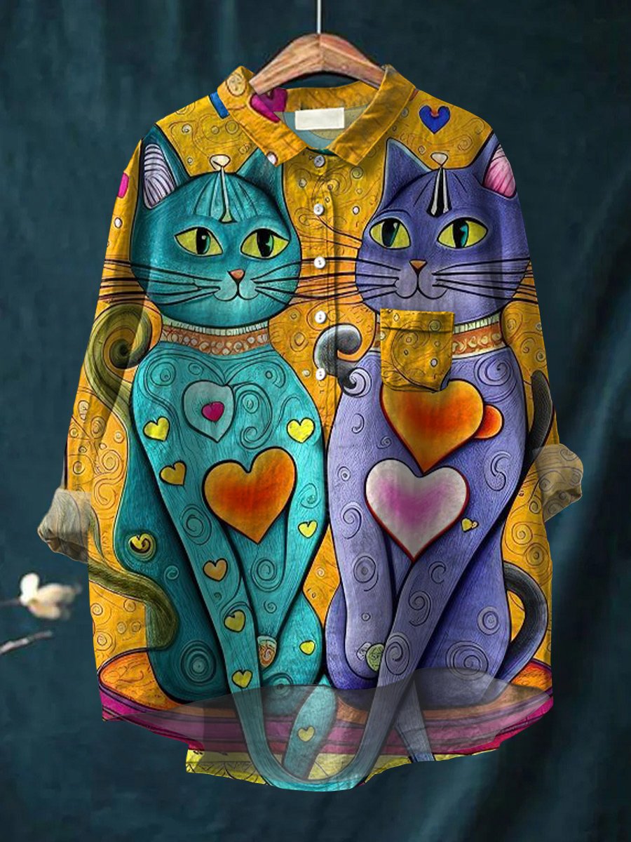 Women's Cat Art Print Casual Cotton And Linen Shirt