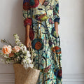Women's Vintage Flower Art Print Linen Pocket Dress