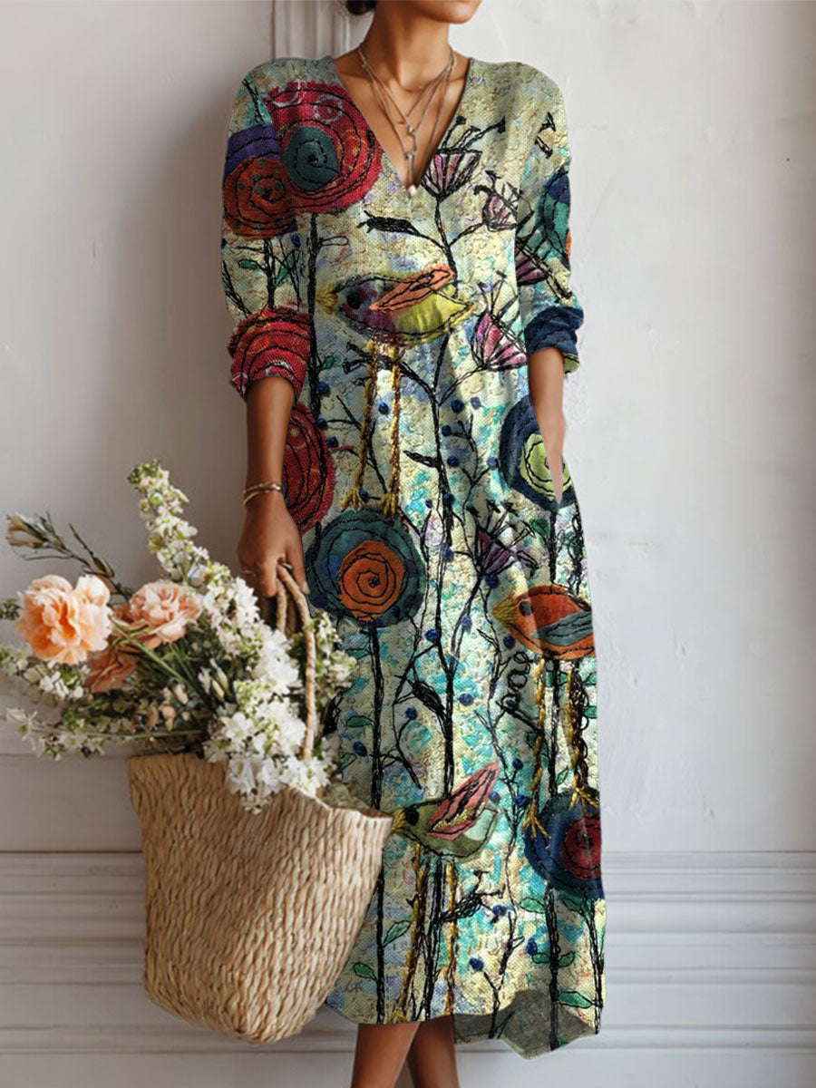 Women's Vintage Flower Art Print Linen Pocket Dress