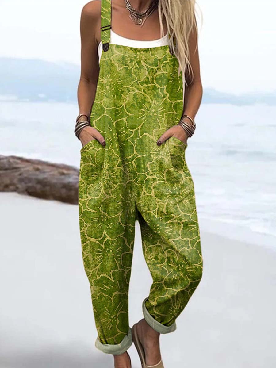Women's Retro Artistic Flowers Print Casual 100% Cotton Wide Leg Jumpsuit