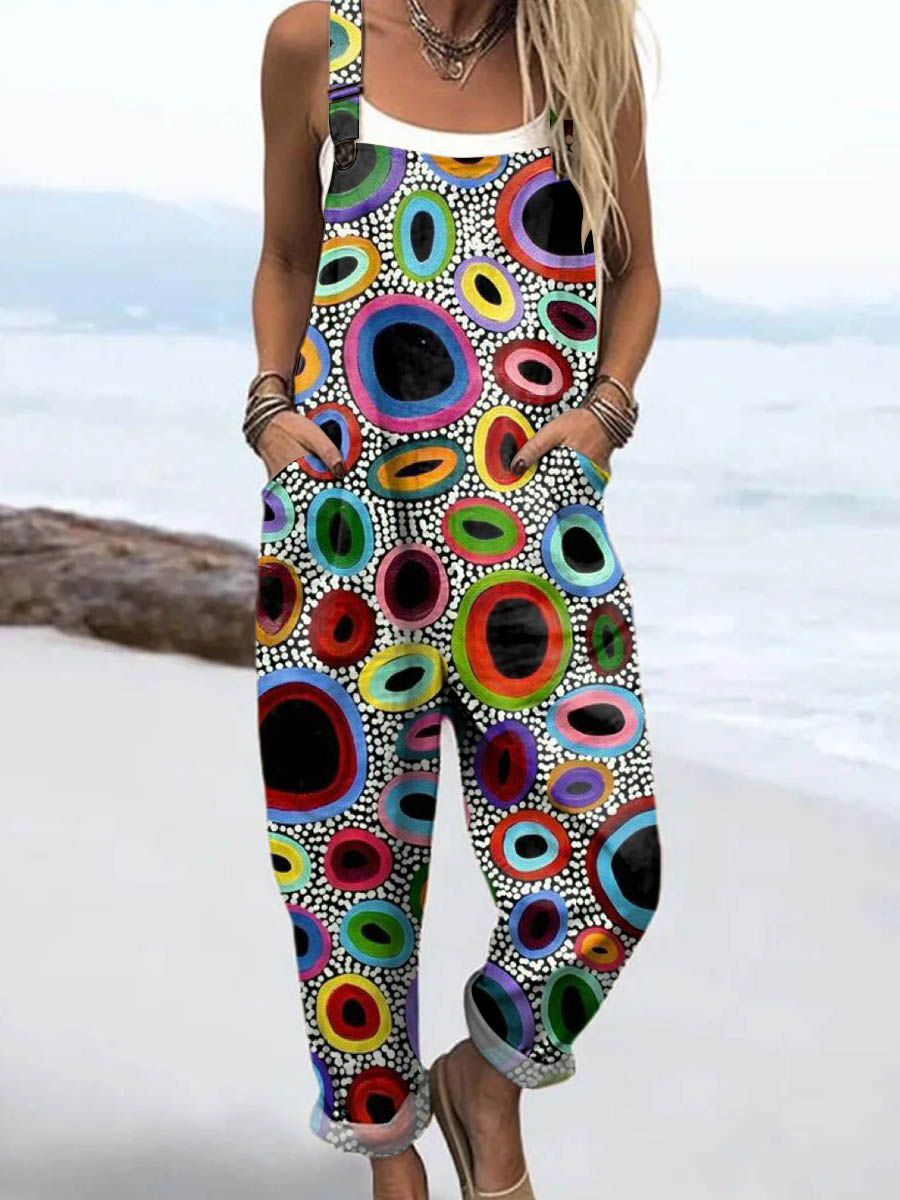 Women's Geometric Pattern Art Print Casual 100% Cotton Wide Leg Jumpsuit