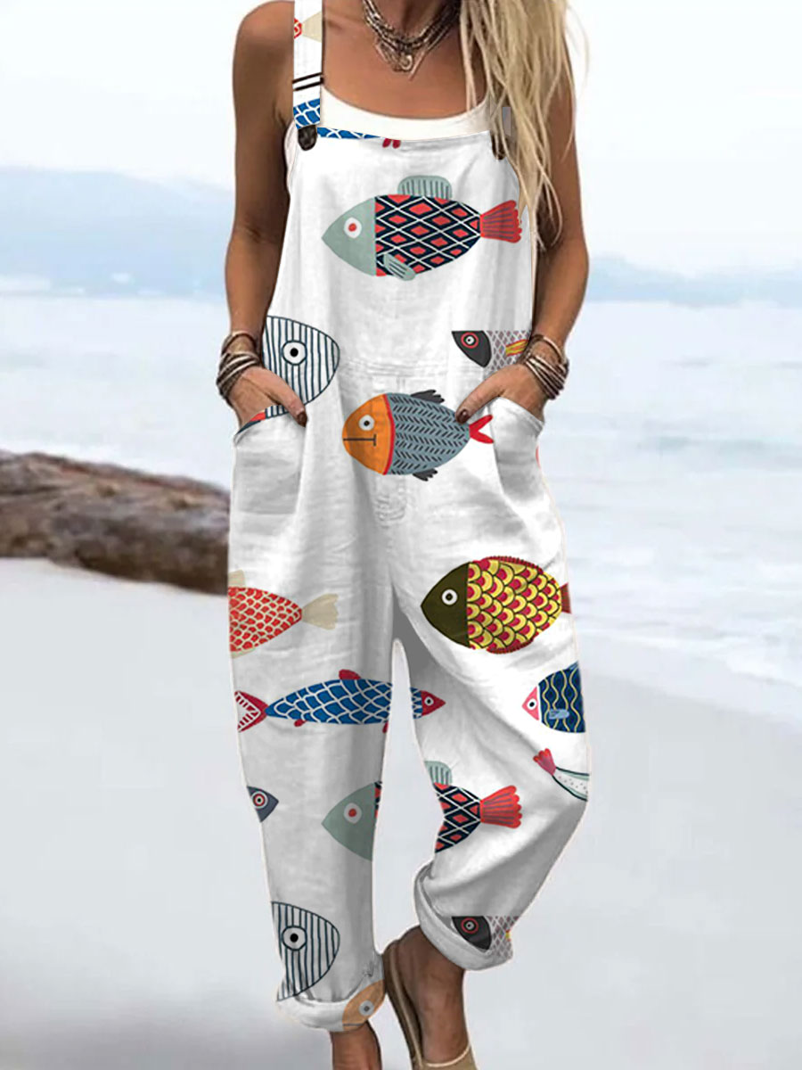 Women's  Funny Fish  Art Print Casual 100% Cotton Wide Leg Jumpsuit