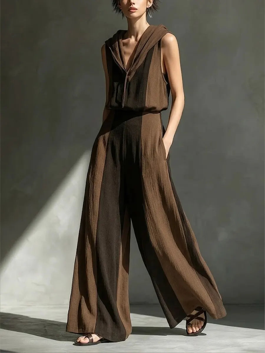 Women's Casual Hooded Sleeveless Wide-Leg Pants Color-Block Set