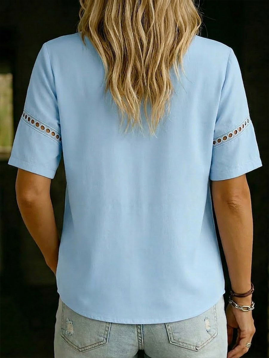 Women's Solid-color Short-sleeve Casual Loose Cotton-linen Cardigan With Shirt Collar