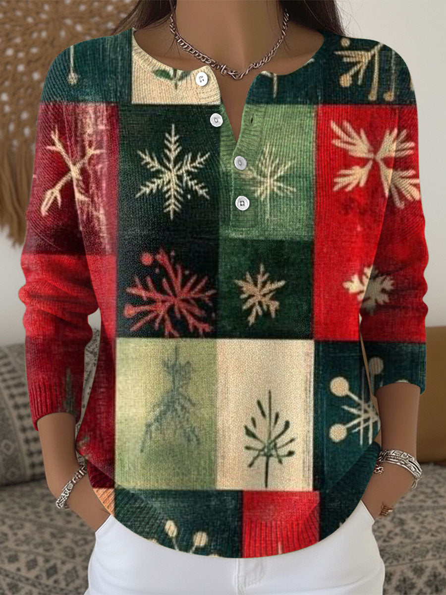 Retro Christmas Pattern Art Print Buttoned Cardigan Sweater