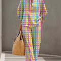 Women's Pink Plaid Print Casual Cotton-linen Two-piece Set