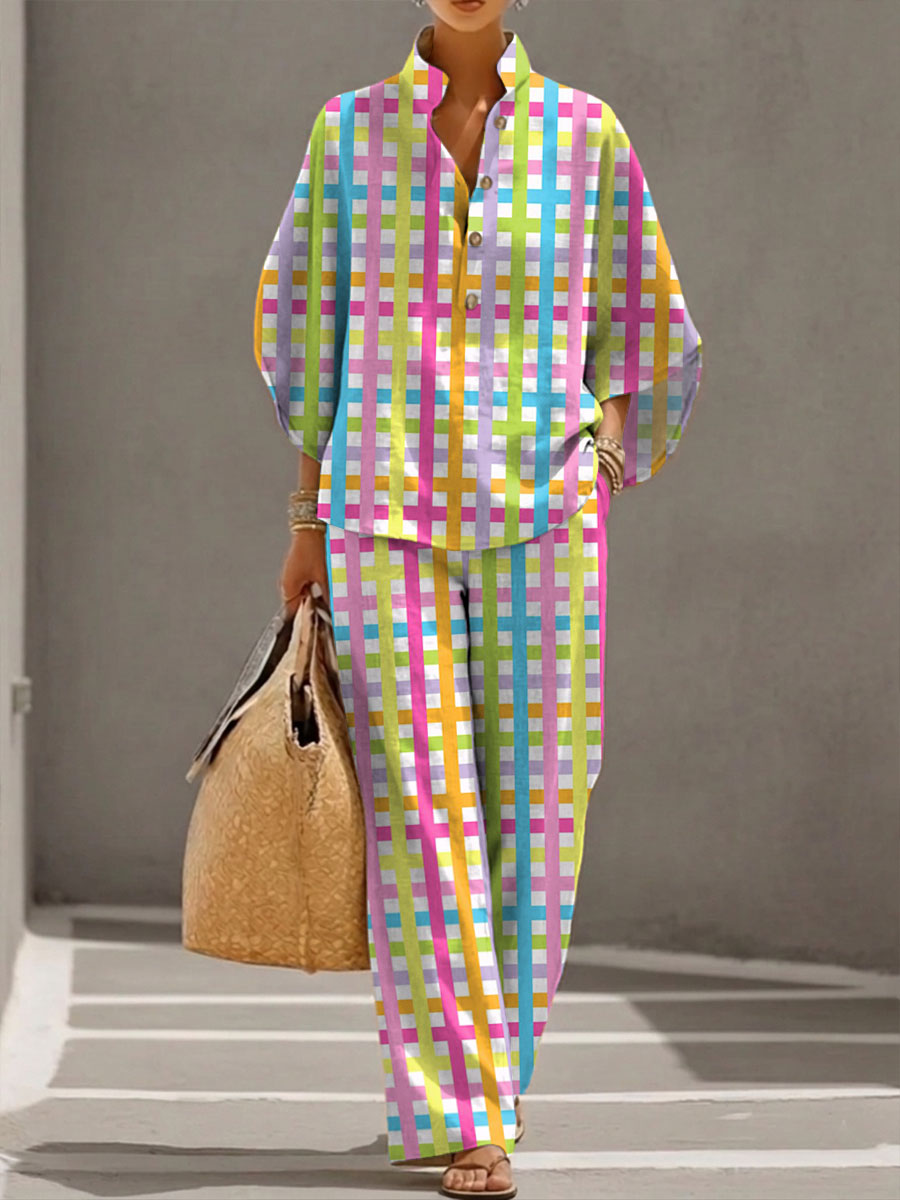 Women's Pink Plaid Print Casual Cotton-linen Two-piece Set