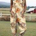 Women's Lovely Cow Floral Pattern Art Print Casual 100% Cotton Wide Leg Jumpsuit