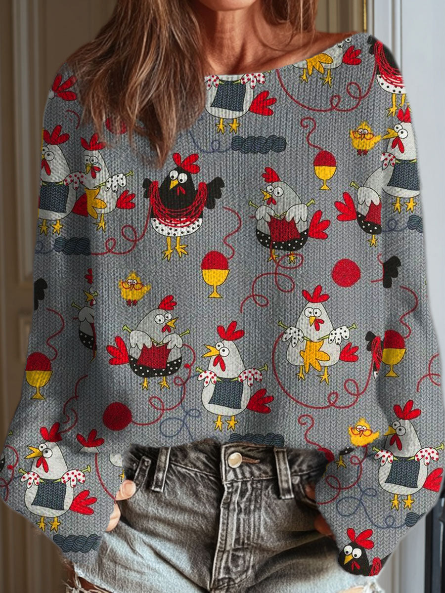 Women's Funny Chicken Art Print Casual Pullover Sweater
