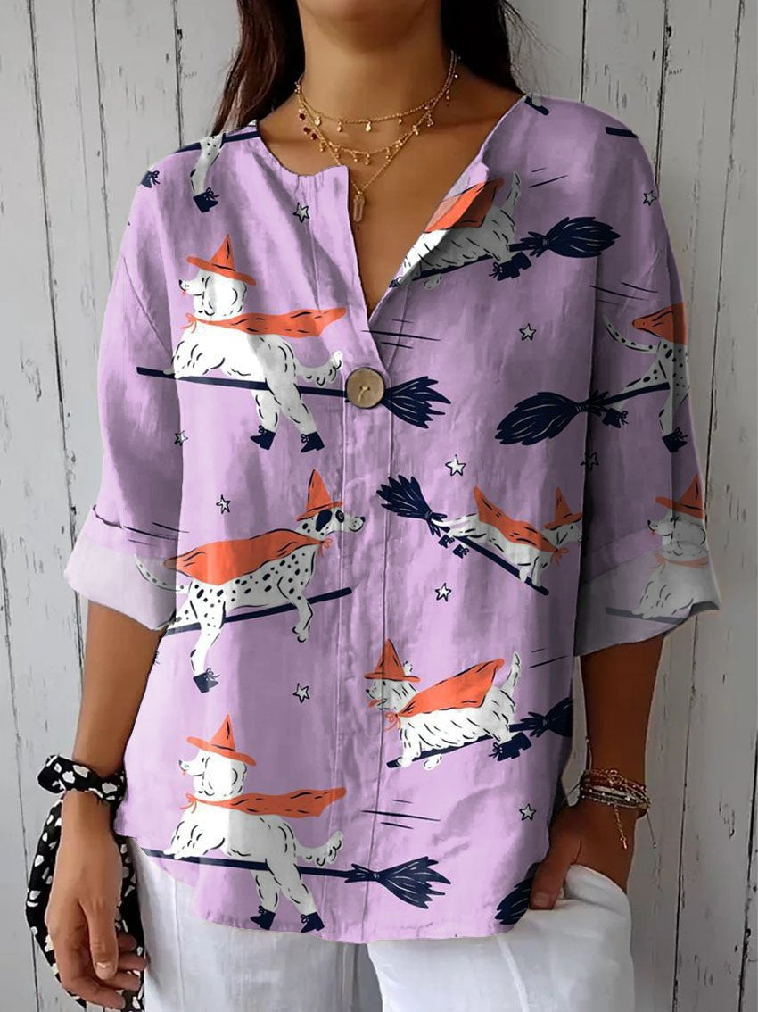 Women's Vintage Lovely Dogs Art Print Casual Cotton Linen Shirt