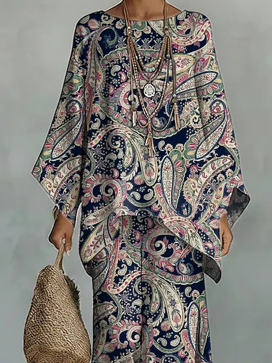 Women's Vintage Ethnic Floral Art Comfortable Loose Cotton Linen Wide-leg Pants Two-piece Set