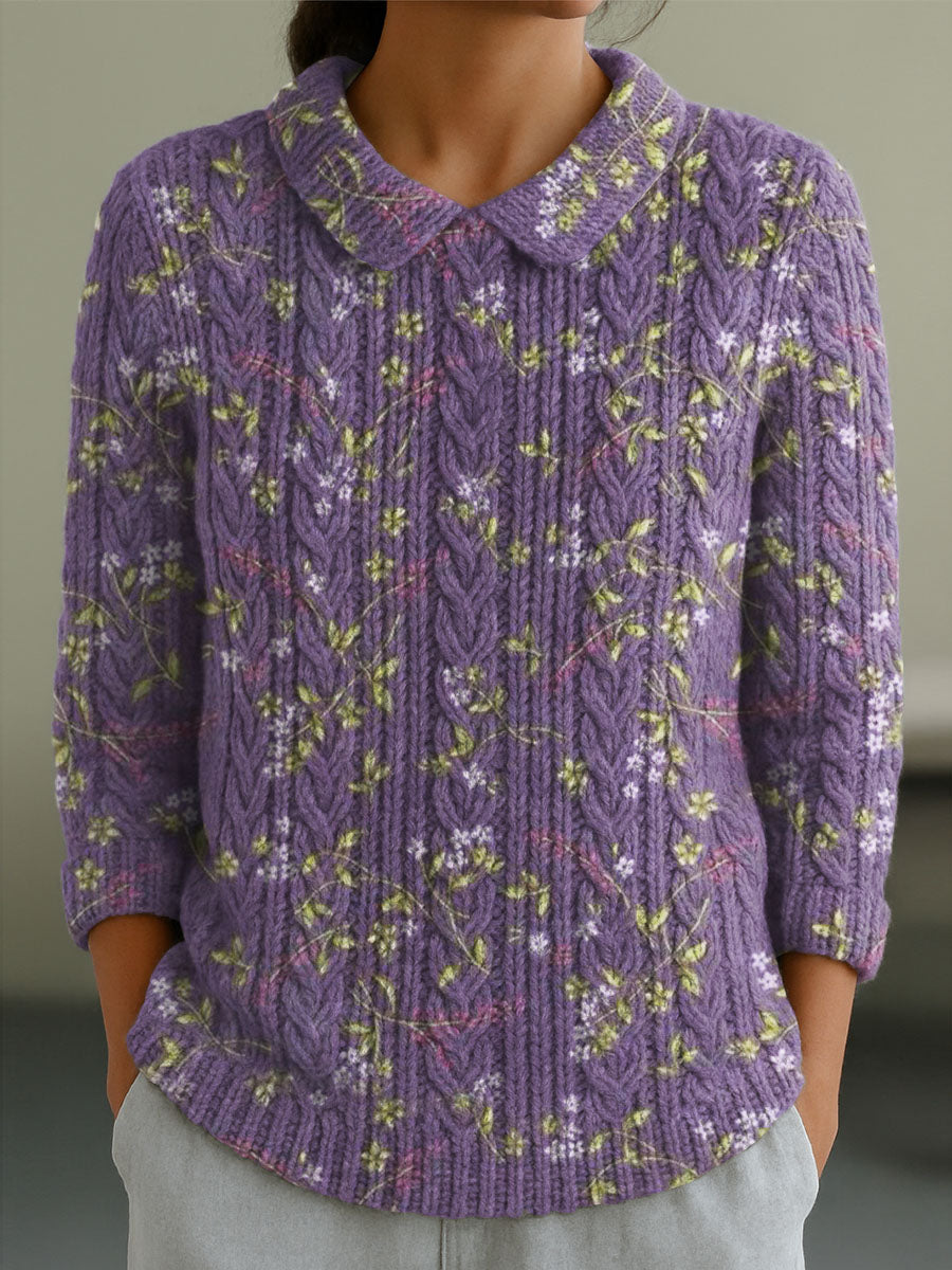 Women's Vintage Floral Art Print Casual Peter Pan Collar 3/4 Sleeve Sweater