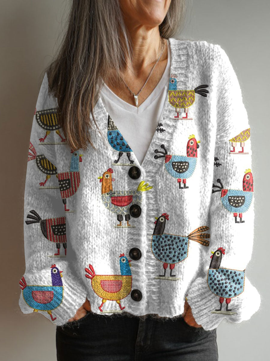 vintage-chicken-art-print-buttoned-v-neck-cardigan-sweater-xxtb