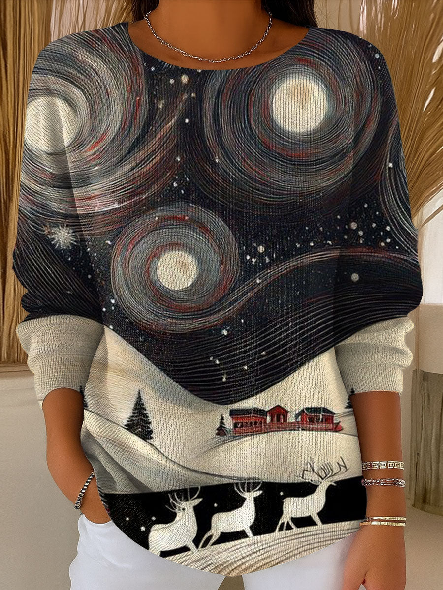 Women's Retro Style Christmas Tree Art Print Casual Pullover Sweater
