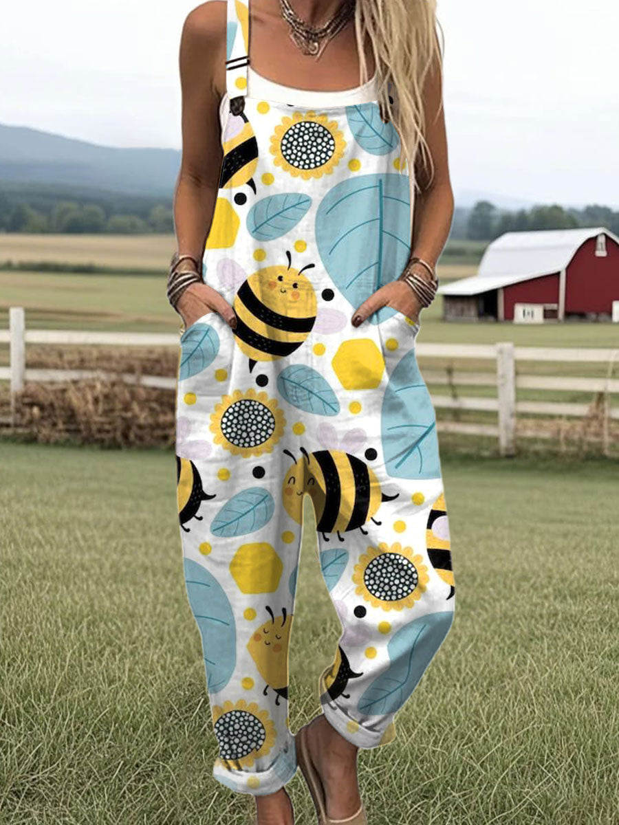 Women's  Funny  Bee Art Print Casual 100% Cotton Wide Leg Jumpsuit