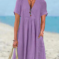 Women's Vintage Cotton And Linen Short-sleeved V-neck Pleated Dress
