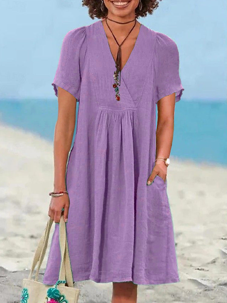 Women's Vintage Cotton And Linen Short-sleeved V-neck Pleated Dress
