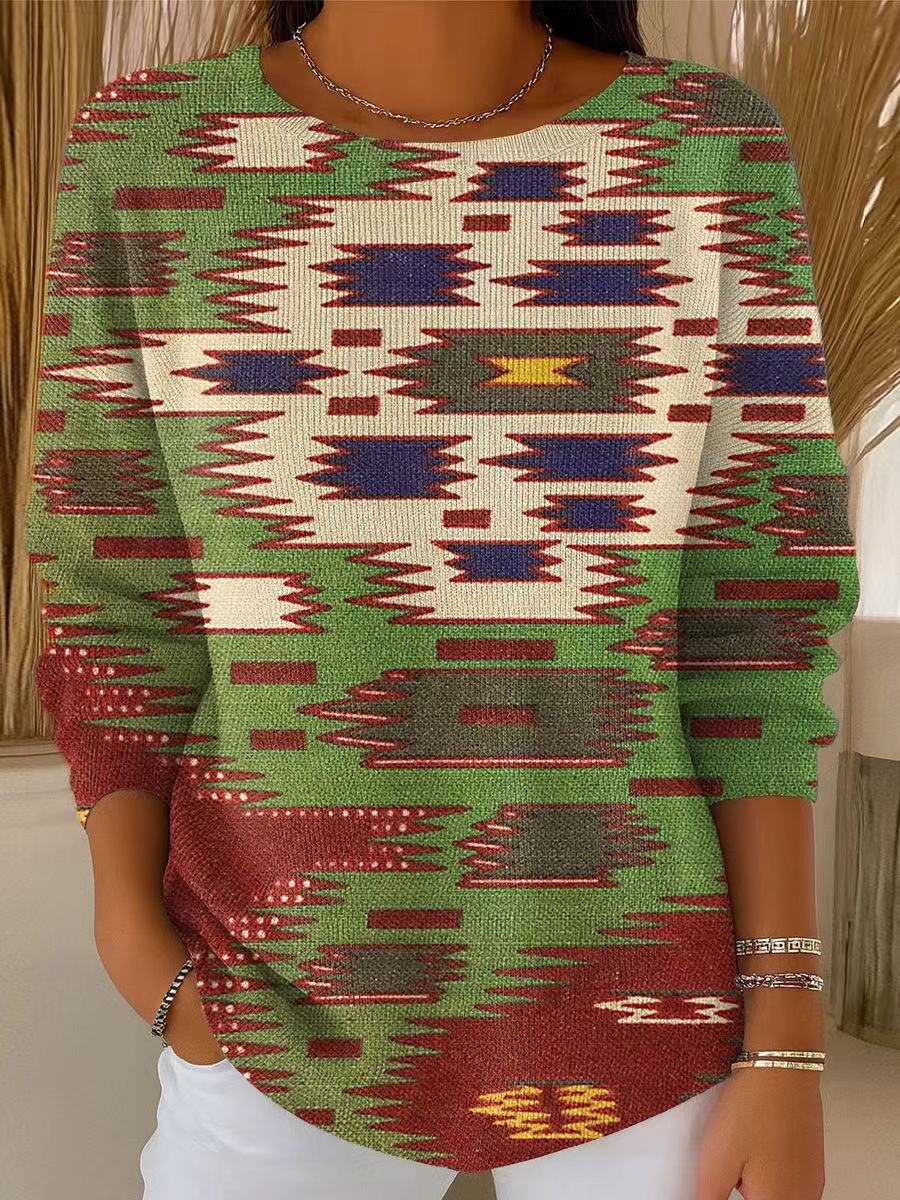 Women's Ethnic Diamond Geometric Pattern Art Print Casual Pullover Sweater