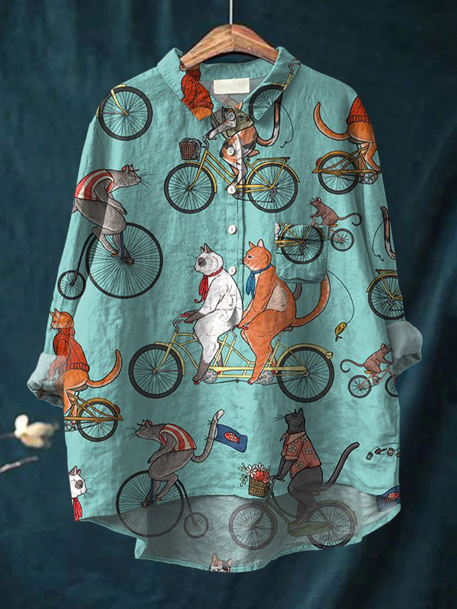 Women's Cat Art Print Casual Cotton And Linen Shirt