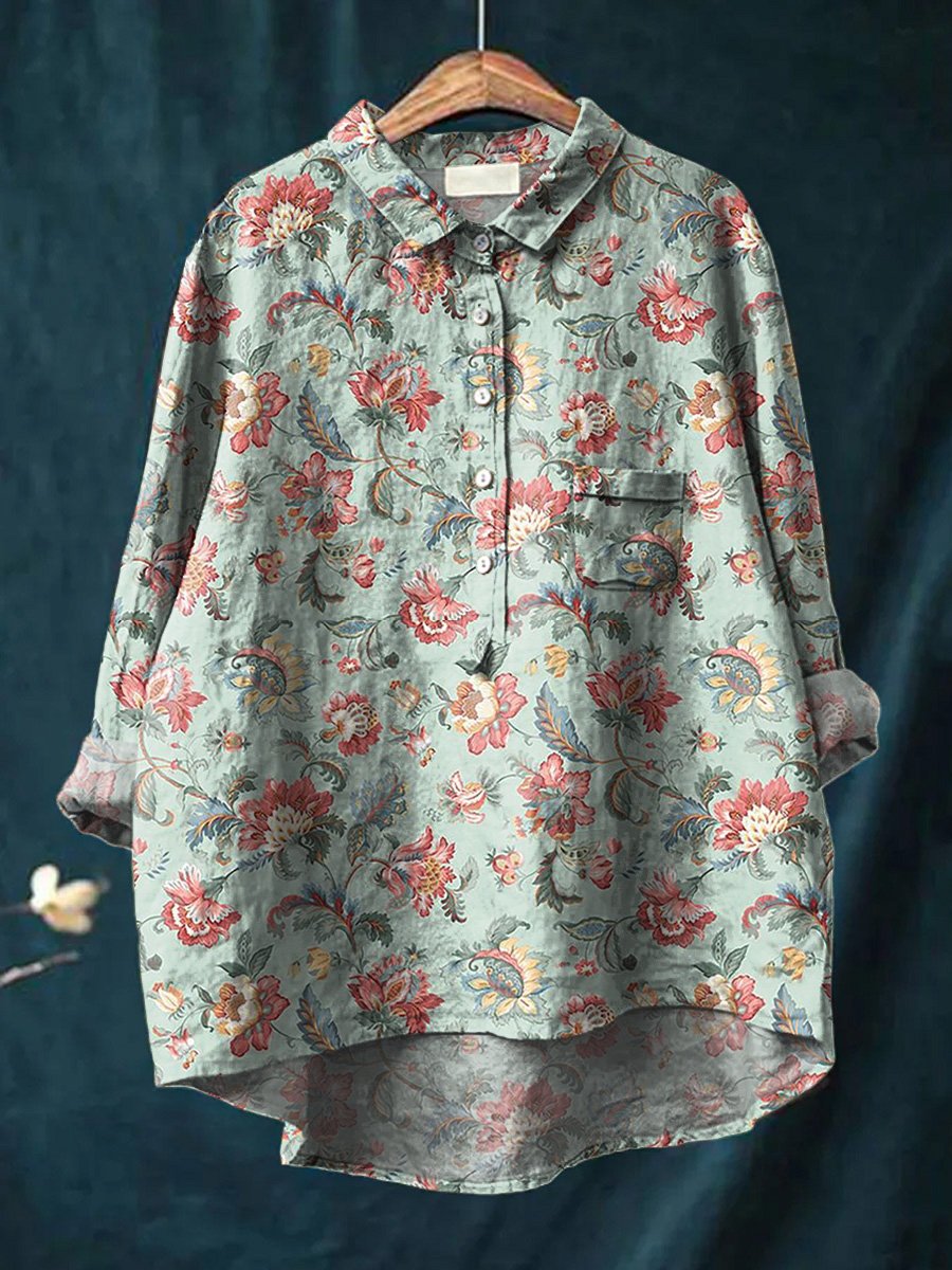 70s Style Vintage Floral Pattern Printed Women's Casual Cotton And Linen Shirt