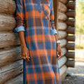 Denim Patchwork Plaid Print Henley Collar Midi Dress