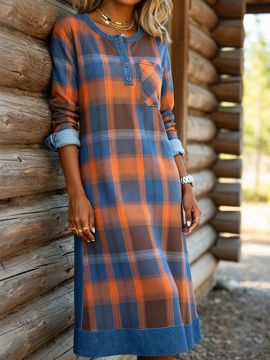 Denim Patchwork Plaid Print Henley Collar Midi Dress