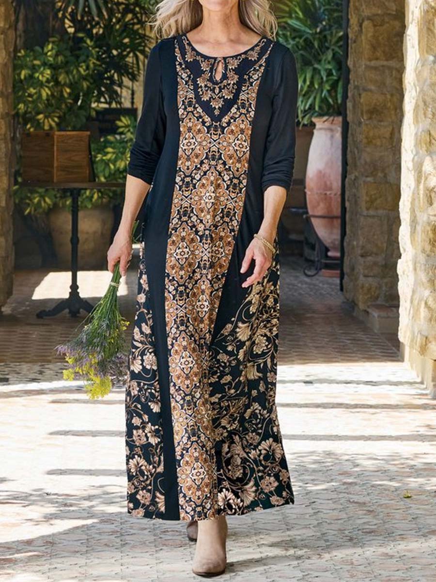 Women's Retro Print Round Neck Long Sleeve Casual Loose Dress