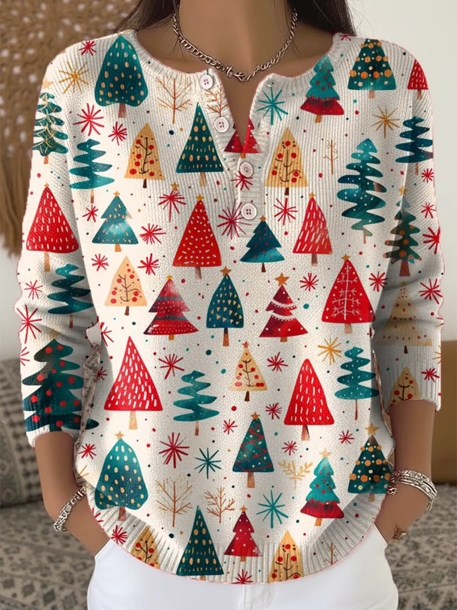 Women's Christmas Tree Art Print Buttoned Cardigan Sweater