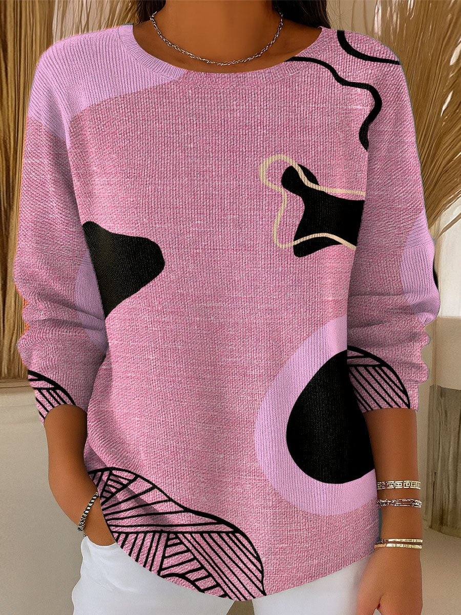 womens-pink-line-irregular-pattern-casual-pullover-sweater