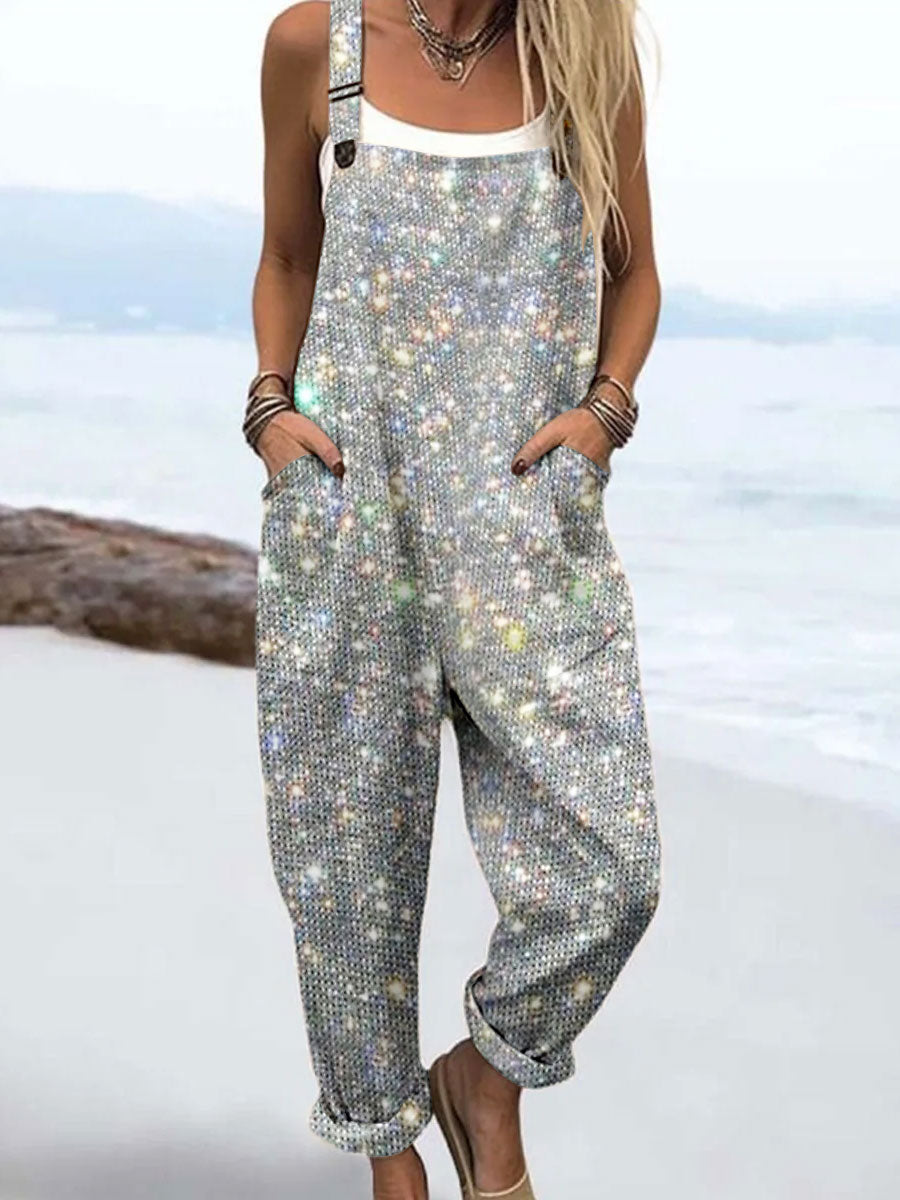 Women's Vintage Abstract Shiny Art Print Casual 100% Cotton Wide Leg Jumpsuit