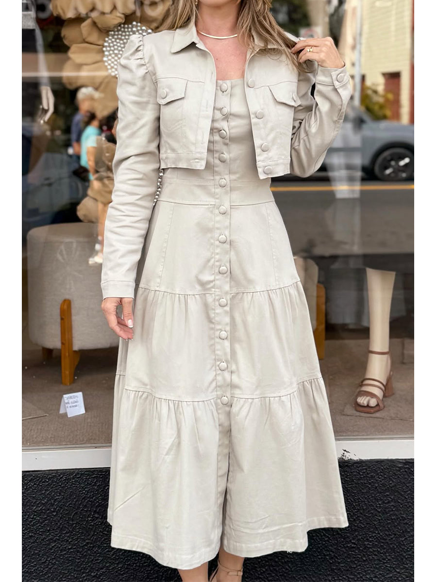 Women's 100% Cotton Cropped Puff-sleeved Jacket and Slip Dress Two-piece Set