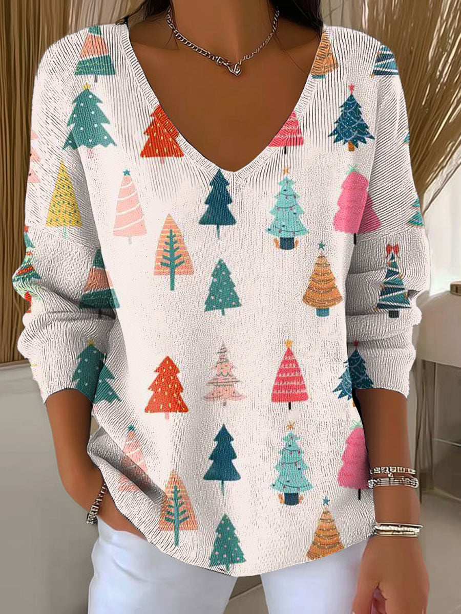 Women's Christmas Tree Pattern Print Casual Pullover Sweater