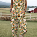 Women's  Bee Vintage Symmetrical Flowers Art  Print Casual 100% Cotton Wide Leg Jumpsuit