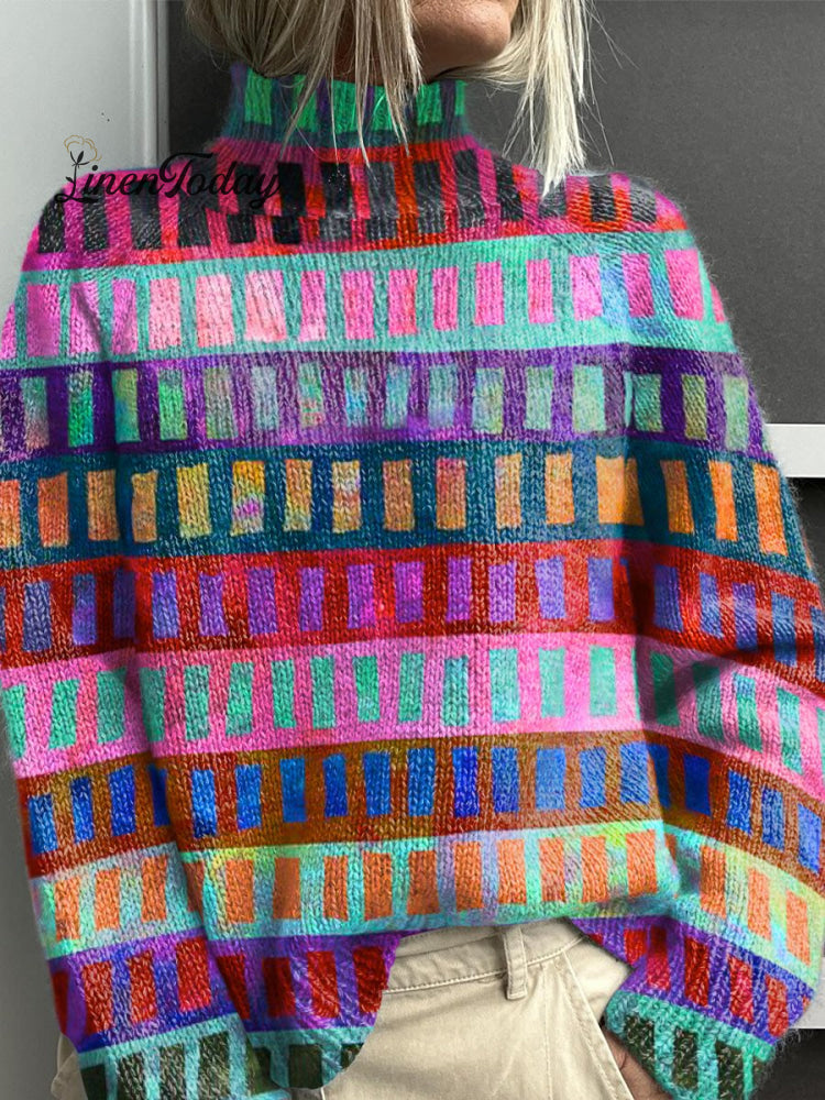 Colored Square Stripes Print Knit Turtleneck Pullover Sweater