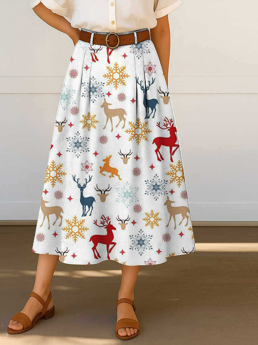 Women's Vintage Christmas Art Print Cotton Skirt