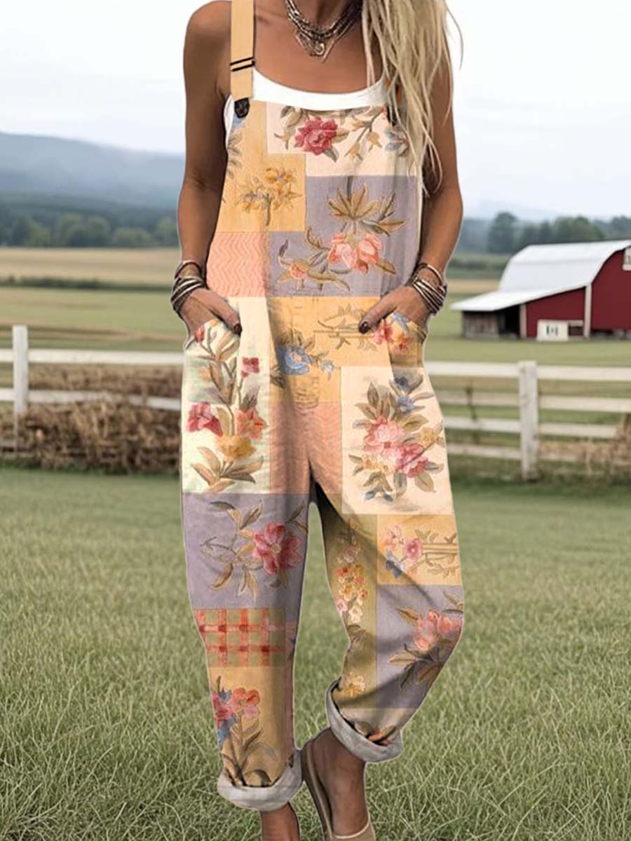 Women's Lovely Floral Art Print Casual 100% Cotton Wide Leg Jumpsuit