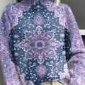 Purple Retro Ethnic Pattern Print Knit Turtleneck Pullover Sweater