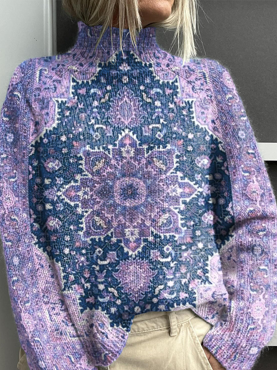 Purple Retro Ethnic Pattern Print Knit Turtleneck Pullover Sweater