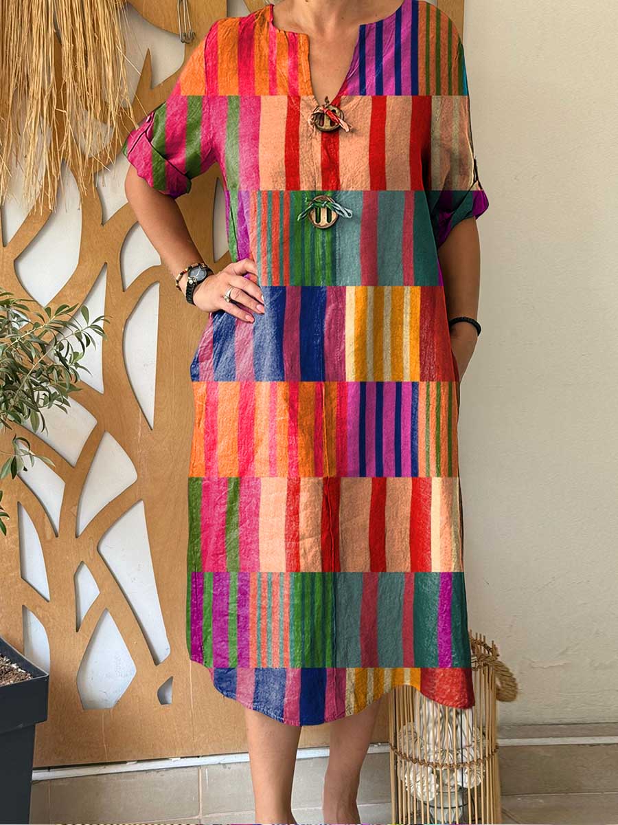 Women's Geometric Print V-Neck 3/4 Sleeve Casual Loose Cotton and Linen Dress