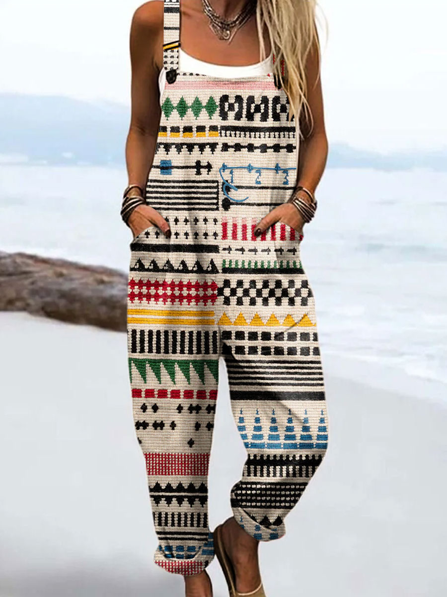 Women's Vintage Abstract Geometric Color Blocks Art Print Casual 100% Cotton Wide Leg Jumpsuit