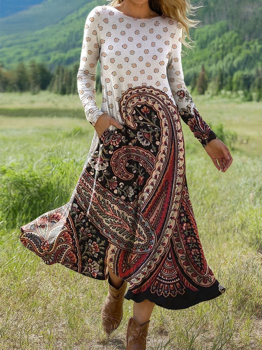 Women's Vintage  Cashew Flower Art Print Long-sleeved Dress