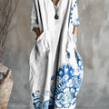 Women's Blue And White Porcelain Art Pattern Print Pocket V-neck Cotton Dress