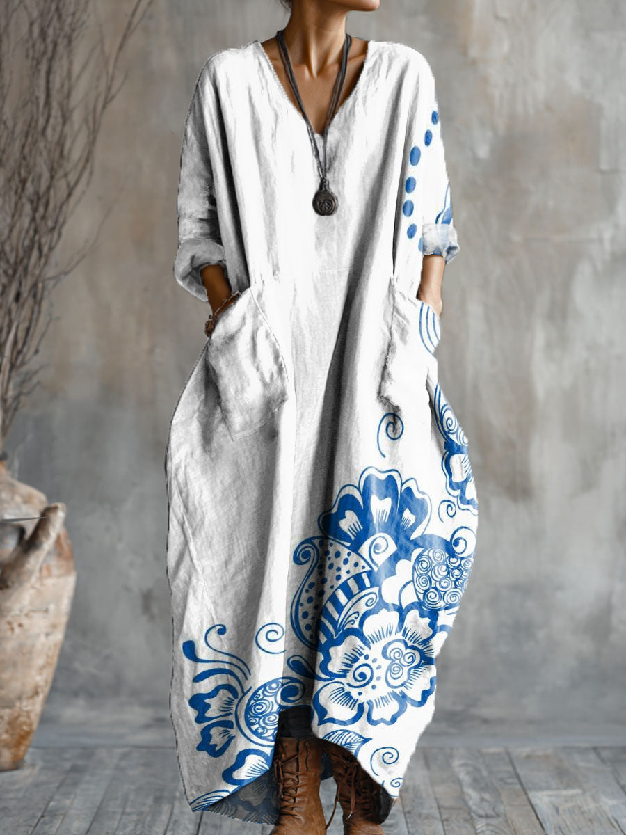 Women's Blue And White Porcelain Art Pattern Print Pocket V-neck Cotton Dress