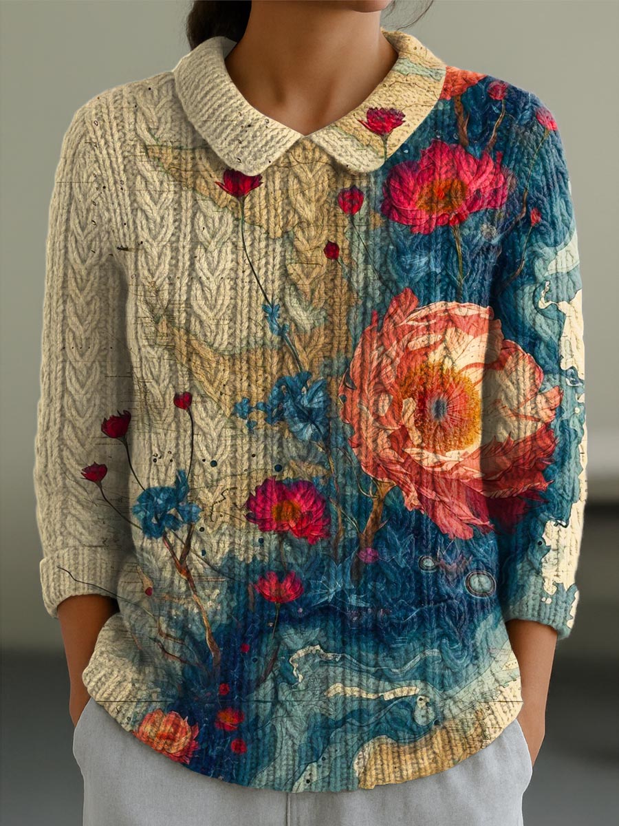 womens-vintage-floral-art-print-casual-peter-pan-collar-3-4-sleeve-sweater-wdgv