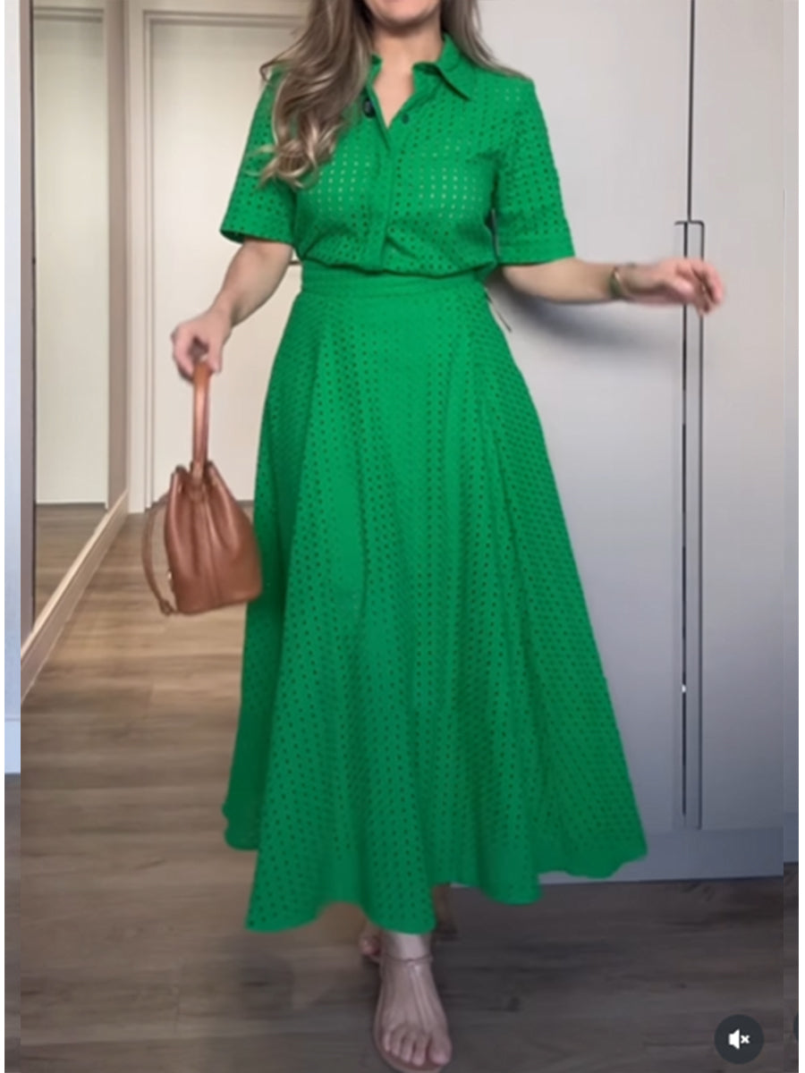 Women's 100% Cotton Short-sleeved Shirt and Skirt Two-piece Set