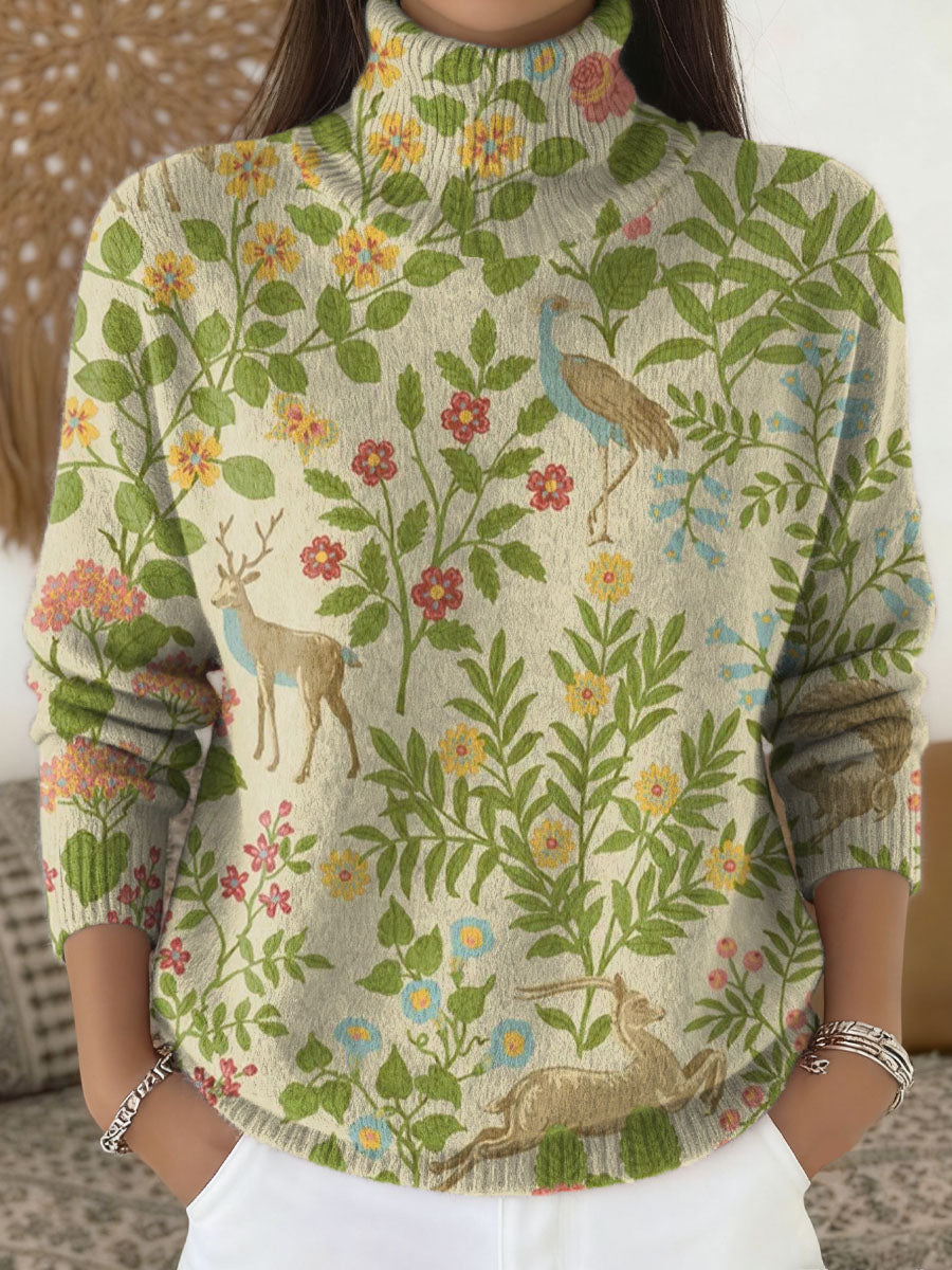 Women's Woodland Animals Art Print Casual Knit Turtleneck Pullover Sweater