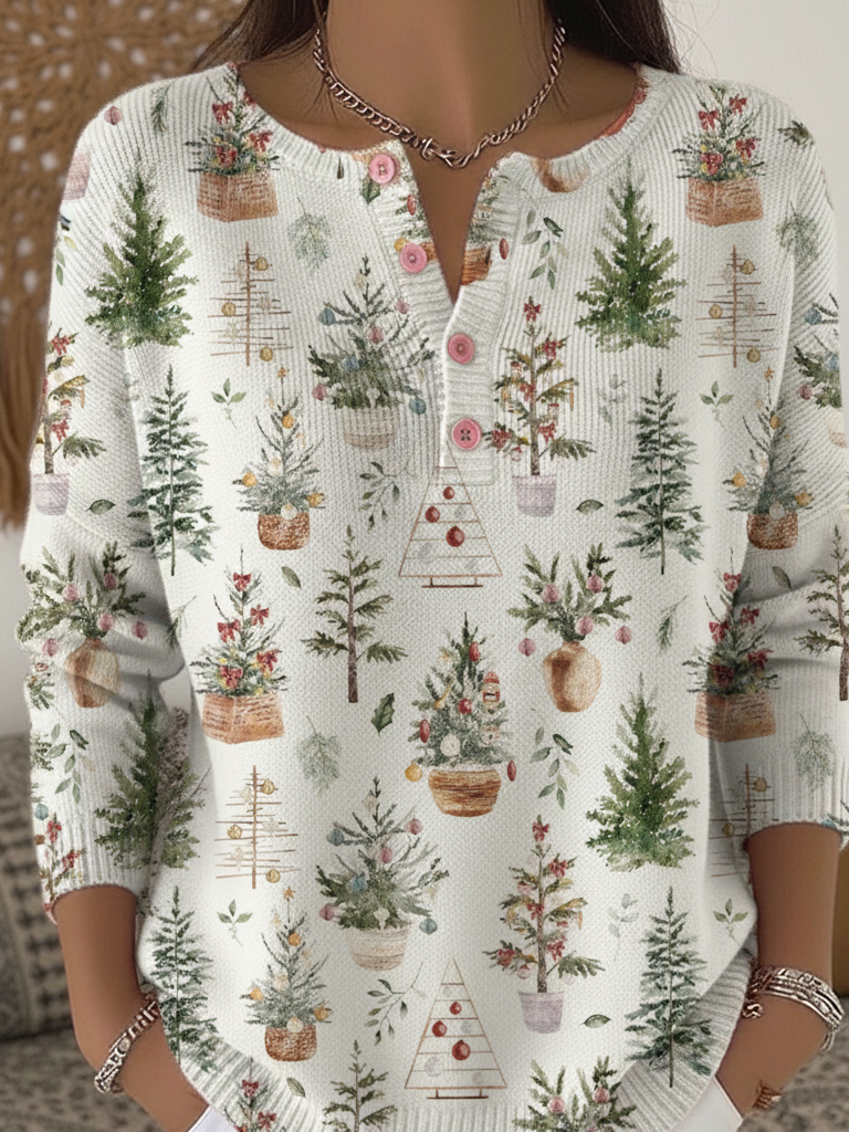 Vintage Potted Christmas Tree Print Henley Neck Sweater Top