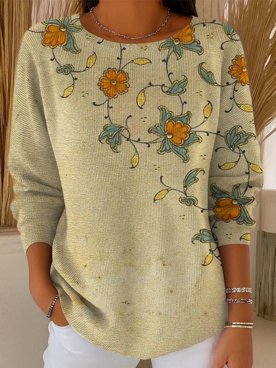 Women's Vintage Floral Art Print Casual Pullover Sweater